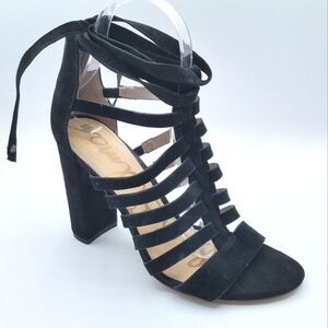 Sam Edelman Yarina Black Suede Strappy Caged Wrap Ankle 4" Heel Sandal Size 7.5M